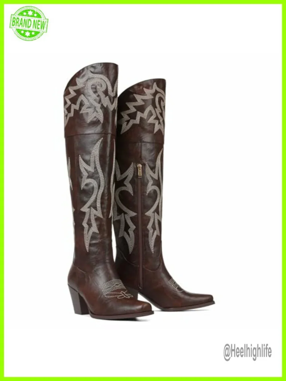 Over the Knee Boots Pointed Toe Chunky Heel Embroidered Western Cowgirl Boots